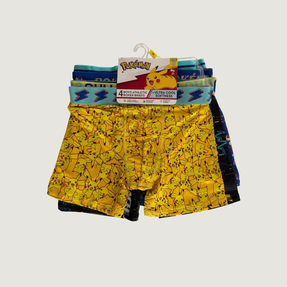 Pokemon Boys 4 Pack Athletic Boxer Briefs Size 8 Pikachu Poke Ball Underwear NEW